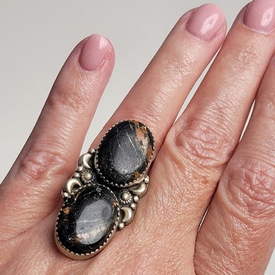 Unique Black Jack Turquoise Matte 925 Sterling Silver Ring. Adjustable Size