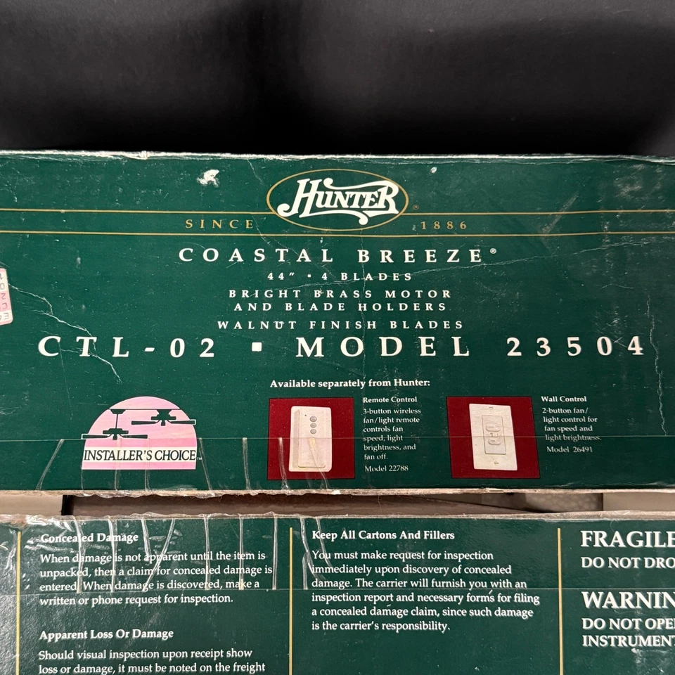 Hunter Coastal Breeze 44" Ceiling Fan 23504 4 Blades Brass Walnut New Open Box - Image 3 of 4