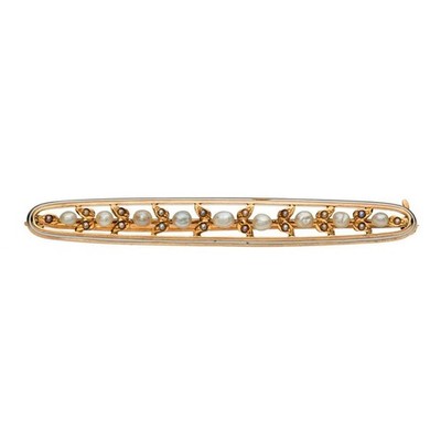Antique Art Nouveau natural Pearls, 14kt gold pin/brooch.  Minor loss to enamel.