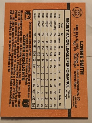 ERROR NO DOT 1990 DONRUSS BASEBALL CARD #222 LONNIE SMITH