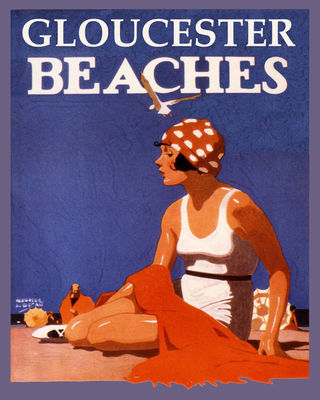 POSTER GLOUCESTER BEACHES WOMAN ON SAND USA SUMMER TRAVEL VINTAGE REPRO FREE S/H
