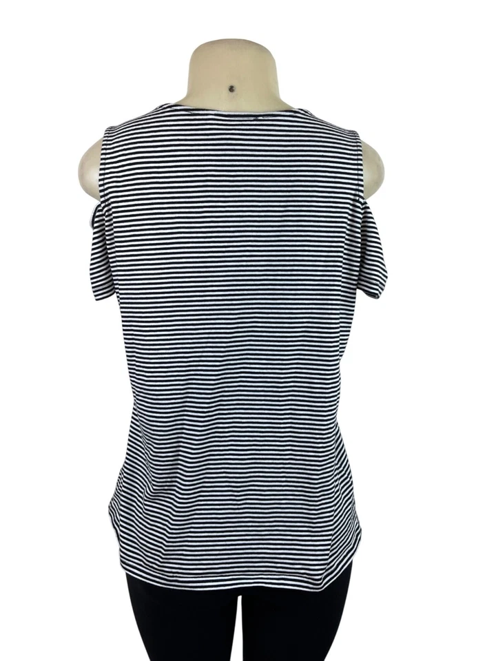 Camisa Top Michael Kors a Rayas Hombro Frío Blanco y Negro para Mujer Talla L Foto 3 de 4