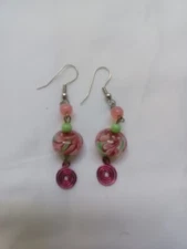 Vintage 60s Lampwork Grease Lightning Glass Pink And Green Dangle Swirl Earrings