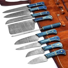 Custom made Damascus steel kitchen Knife set/chef's knife with leather Roll bag.