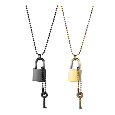 Men Women Lock Key Charm Pendant Necklace Ball Beaded Chain