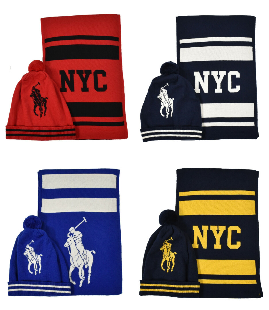Set cappello e sciarpa Polo Ralph Lauren New York NYC Big Pony nuovo $246