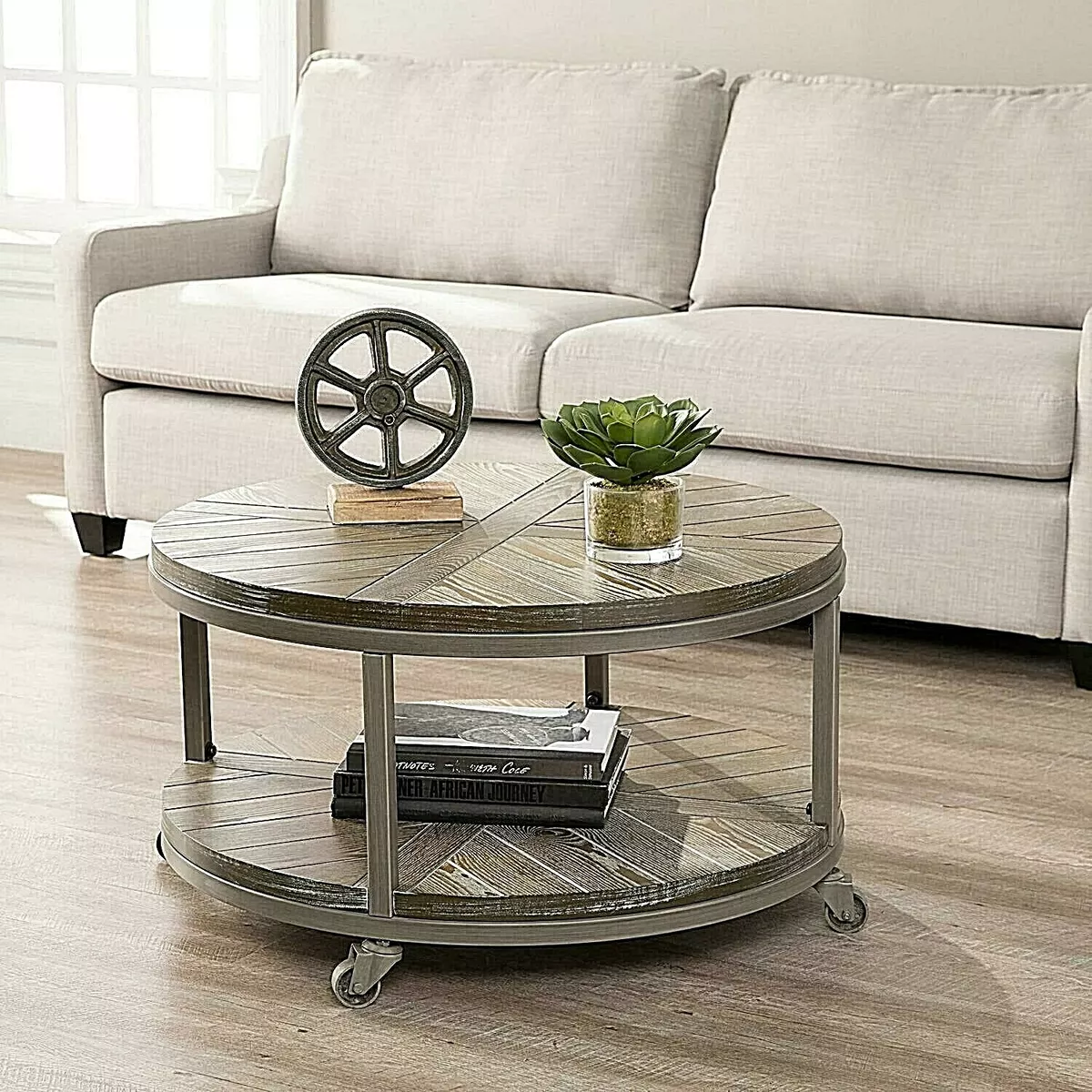 Rustic Industrial Round Coffee Table w Shelf Casters Wheels
