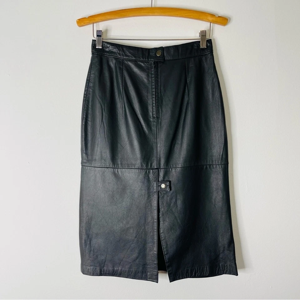 Vintage black leather moto classic office preppy midi pencil skirt small - Image 4 of 4