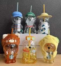 Starbucks Christmas Green Teddy Bear Glass Cold Cup Tumbler Bearista Straw Cups
