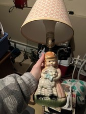 Handmade Nursery Lamp Girl and Lamb Ceramic Base Pink White Green Farm Theme