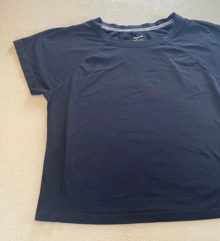 Camiseta deportiva Aeropostale atlética para mujer grande negra elástica malla raglán Foto 3 de 4