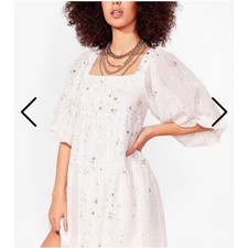 Nasty Gal White Star Print Tiered Square Neck Mini Dress Puff Sleeve Size 8