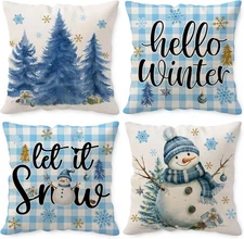 Winter Pillow Covers 18x18 Inch, Hello Winter Blue Throw Pillowcase, Snowman Hom
