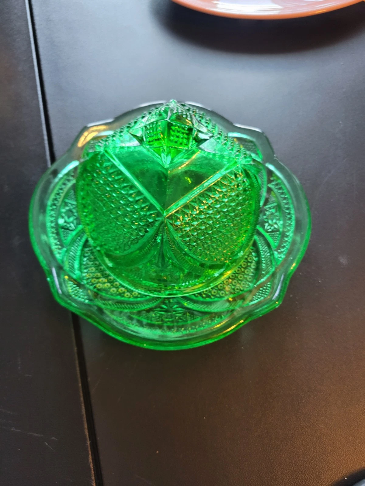 Antique EAPG Green Depression Glass Dome Butter Dish Massachusetts Pattern 1900s
