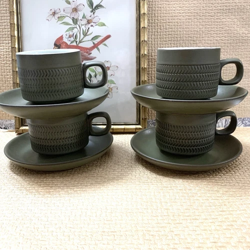 4 Vintage Denby Langley Camelot Stoneware Chevron Dark Green Cup & Saucers Set