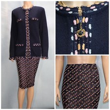 St John Collection Navy Blue Jacket Skirt XL Size 14 12 2pc Suit Multicolor Trim