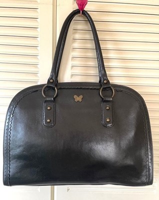 ANNA SUI Vintage Leather Handbag Retro Metal Fittings Black 14Y+ JAPAN