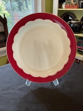 Restaurant Corning Milk Glass W Red Scalloped Border 12 3/8” Chop Plate *Read*