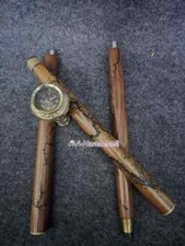 Elegant Antique Brass Compass Handle, Burned Design Wood Walking Stick Cane Gift