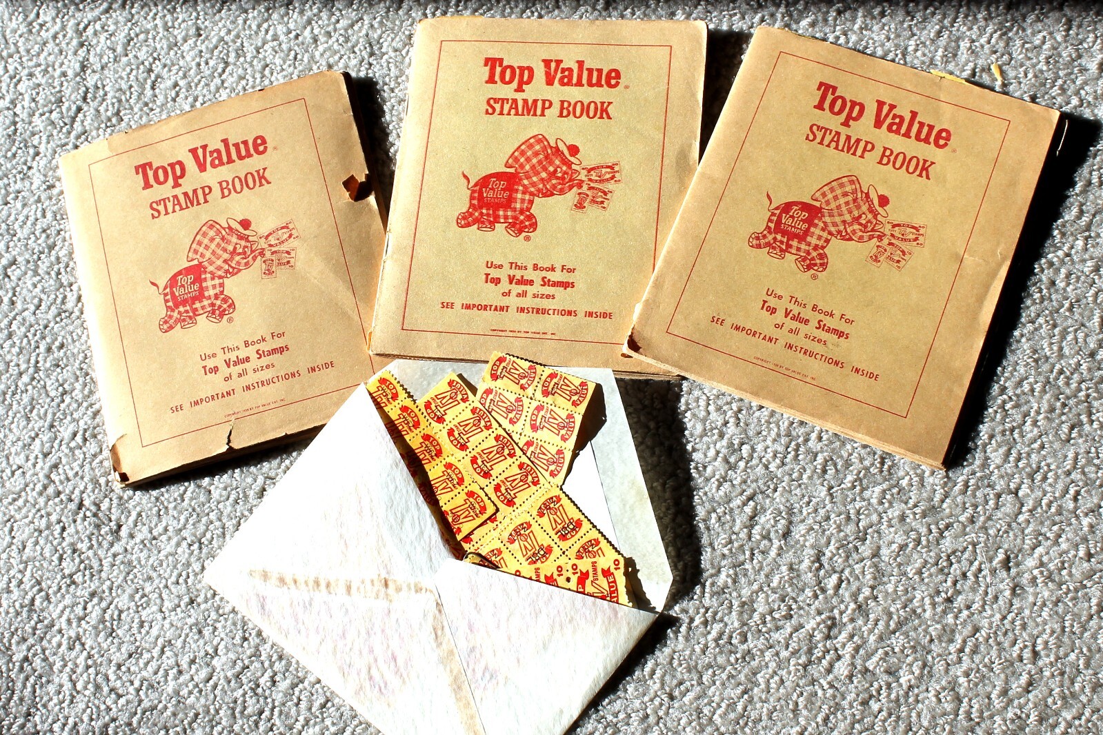 3 Vintage Top Value Trading Stamp books-Full, 1959 book, Toppie w/extra stamps