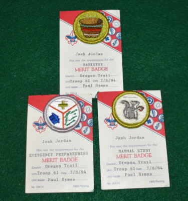 BOY SCOUT - LOT OF THREE MERIT BADGES WITH CARDS