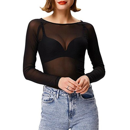 Women Semi Sheer Mesh Long Sleeve Top 