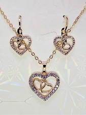 Necklace and Earring Heart set 18K Gold with Amethyst Purple Cubic Zirconias