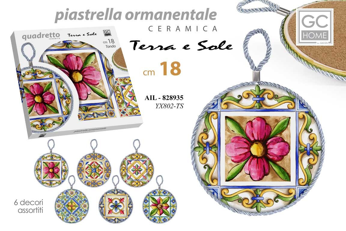 QUADRETTO PIASTRELLA DECORATIVA CERAMICA 18 CM CON CORDINO 6 DECORI AIL-828935