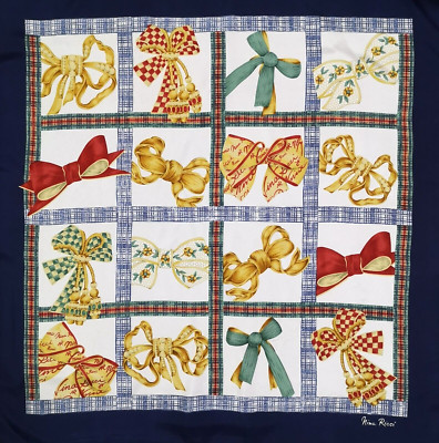 N105 Nina Ricci Scarf Vintage Colorful Multi-Patterned Ribbon Silk Square 34''
