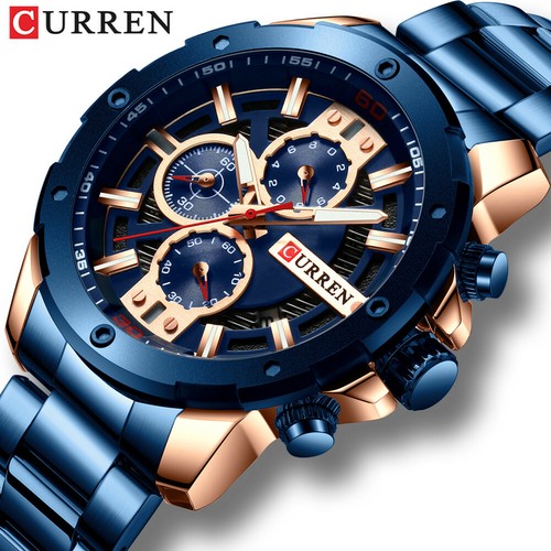 CURREN Men Watches Stainless Steel Wristwatch Male Chronograph Quartz Watch Gift - Picture 1 of 28