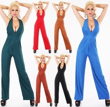 ITALY Damen Overall Crêpe Jumpsuit Hosenanzug Einteiler Marlene weiten Bein
