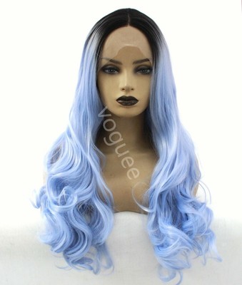 24 In Lace Front Wigs Long Wavy Ombre Ash Blue Hair Women  display picture 1