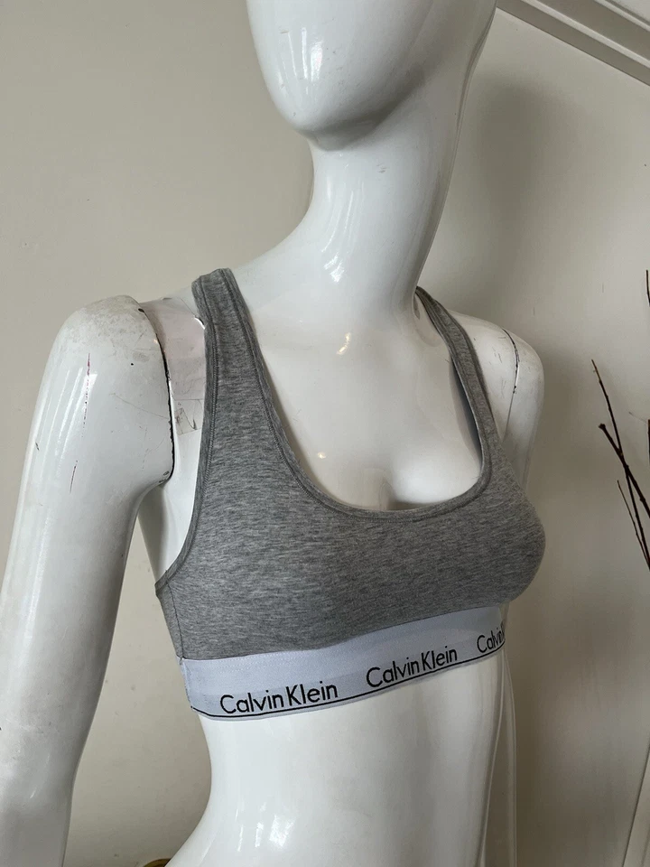CALVIN KLEIN Women's Heather Grey Cropped Racerback LOGO Band Bra Top Sz S - Image 3 of 4