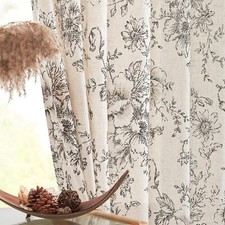 Linen Blend Curtain Floral Curtains for Living Room 84 Inch Length Black Printed