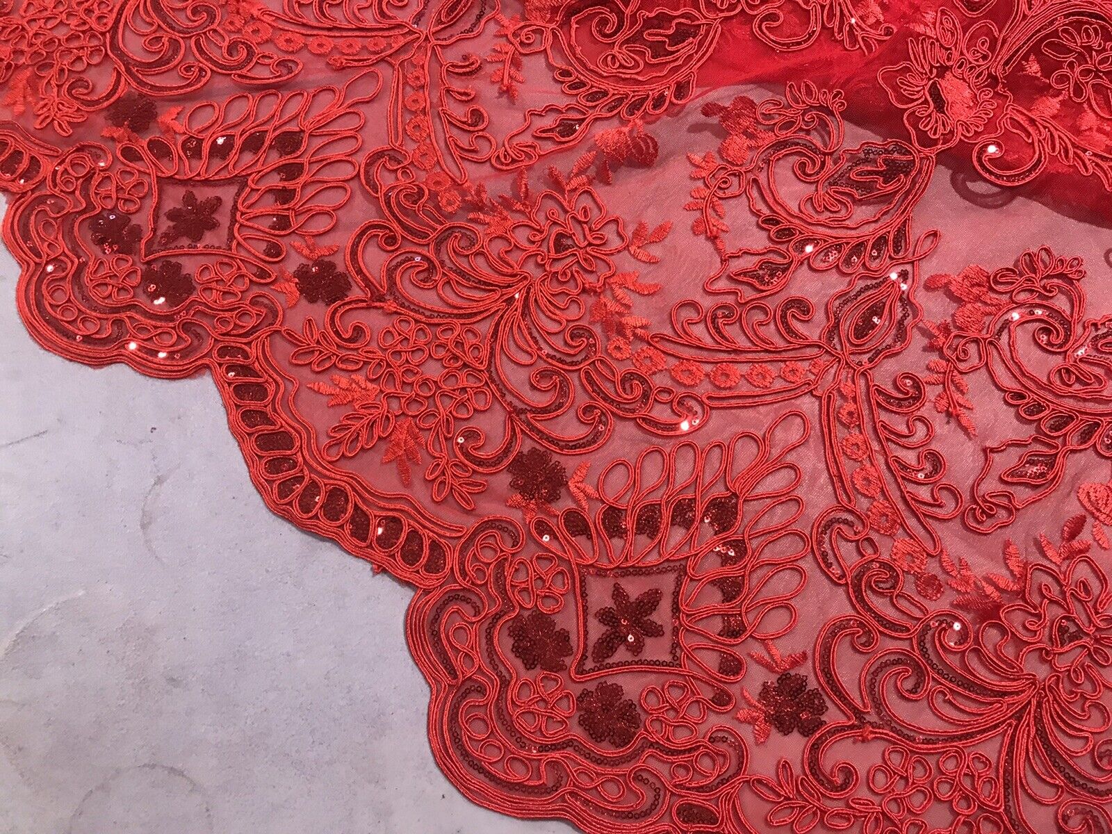 Red corded embroidery  Sequins Lace Fabric 50” Width Sold By The