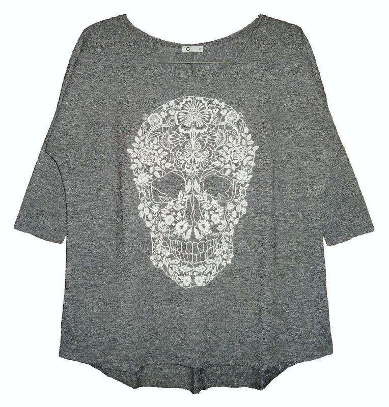 DAY OF THE DEAD FLORAL SUGAR SKULL OVERSIZED GRAY TUNIC TOP SHIRT M CUBUS NORWAY