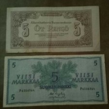 5 Markkaa  Finland (1963)🇫🇮 5 Pengo (1944) 🇭🇺Hungary Banknote Money Paper 