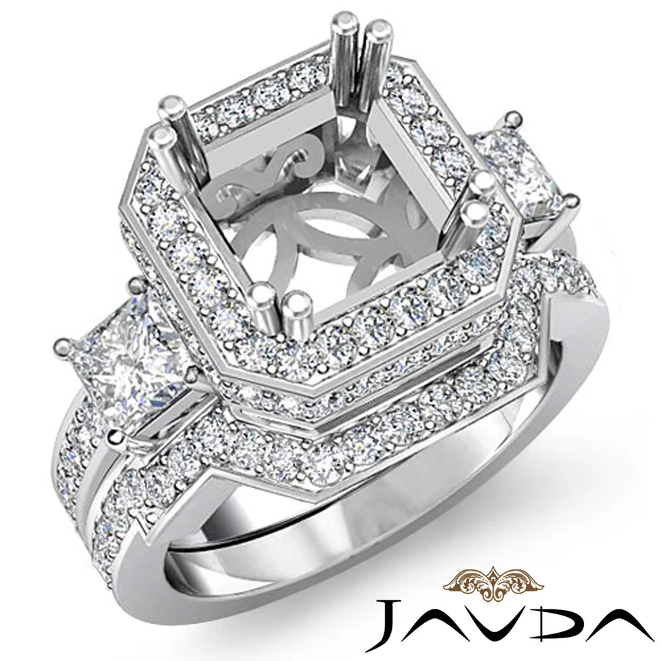 Diamond Engagement 3 Stone Halo Setting Ring Bridal Sets 18k Gold White 1.5Ct - Image 2 of 4