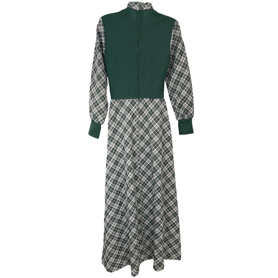 70s Green Plaid Prairie Maxi Dress Bow Neck Talon Zip Cottagecore Christmas - Image 3 of 4