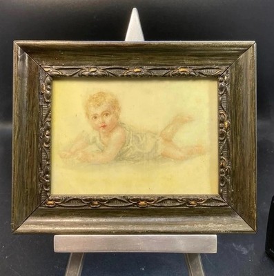 Miniaturportrait Baby in voller Länge 19. Jahrhundert Schule, Ebenholz gerahmt, glasiert
