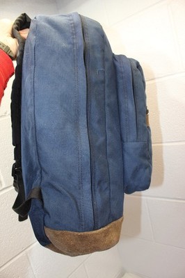 Vintage USA MADE Jansport Leather Bottom Backpack Navy Blue Canvas