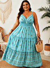 TURQUOISE BLUE PRINT LONG STRAPPY TIERED DRESS, SIZE 4XL TO FIT UK 24, LD498