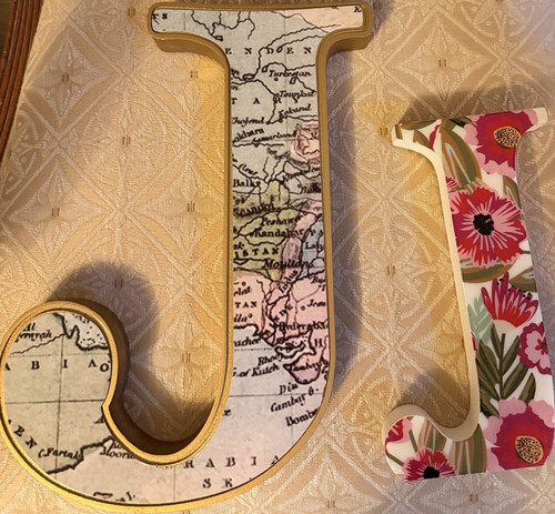 Decorative Wooden Wall Letter J Set of 2 Map & Floral Prints Multicolor