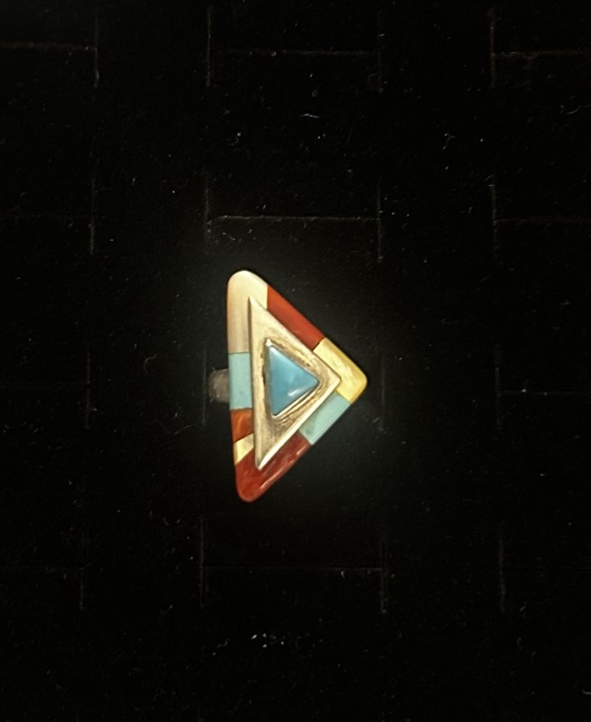 Authentic Native Zuni Tri Color Turquoise Coral MOP Ring Triangle Shape Stamped