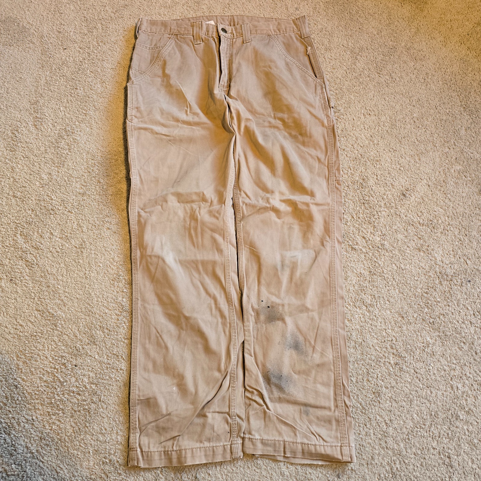 Men's Carhartt B324 DKH Carpenter Relaxed Fit Trousers Size W34 L32 Beige Canvas image 4