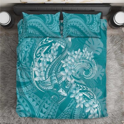Teal Polynesia Hammerhead Shark Tattoo mit Plumeria Lei Bettwäsche-Set