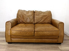 SOFA 2 Seater Tan Real Leather Sewn In Seat Back Cushion Wood Feet FREE DELIVERY