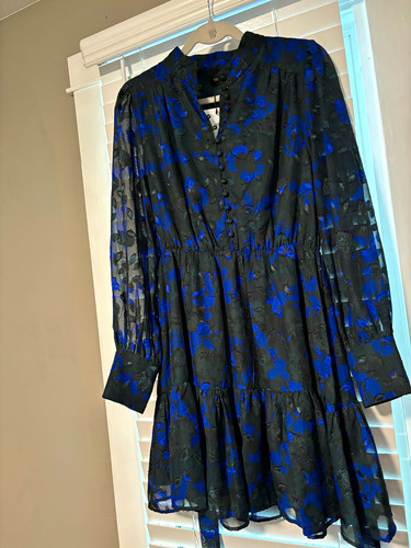 SugarLips Black Blue Floral Jacquard V-Neck Puff Sleeve Button Dress M