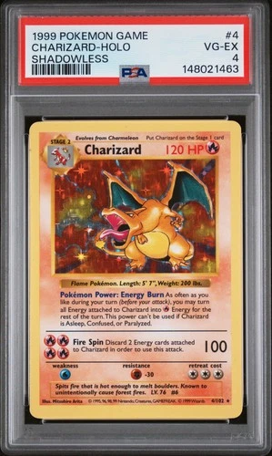 1999 POKEMON BASE SET SHADOWLESS #4 CHARIZARD-HOLO PSA 4