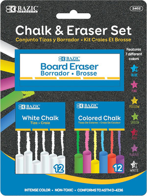 BAZIC Colored (12 Pcs) + White (12 Pcs) Chalk + Premium Chalkboard Eraser Bundle